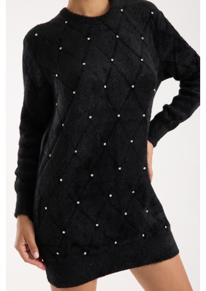 Kadın Siyah Sakal Iplik Taş Detaylı Bisiklet Yaka Triko Kazak indirimleri