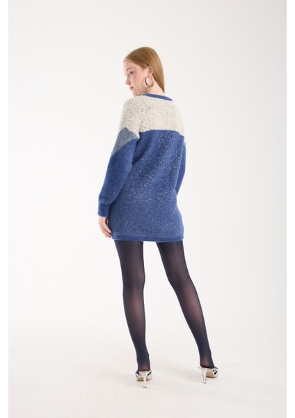 Kadın Indigo Simli Sakal Iplik Renk Bloklu Bisiklet Yaka Triko Kazak fiyatları