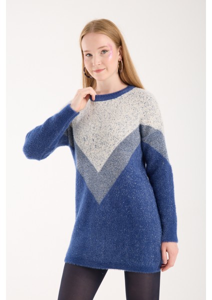 Kadın Indigo Simli Sakal Iplik Renk Bloklu Bisiklet Yaka Triko Kazak modelleri