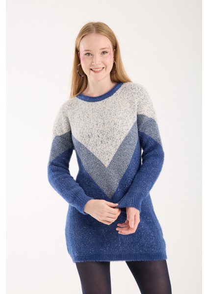 Kadın Indigo Simli Sakal Iplik Renk Bloklu Bisiklet Yaka Triko Kazak fırsatları