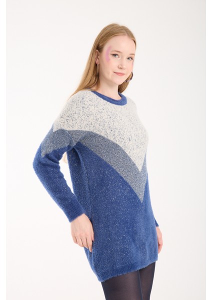 Kadın Indigo Simli Sakal Iplik Renk Bloklu Bisiklet Yaka Triko Kazak indirimleri