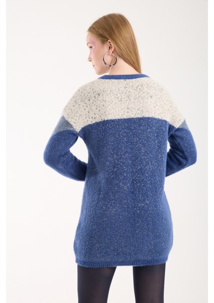 Kadın Indigo Simli Sakal Iplik Renk Bloklu Bisiklet Yaka Triko Kazak