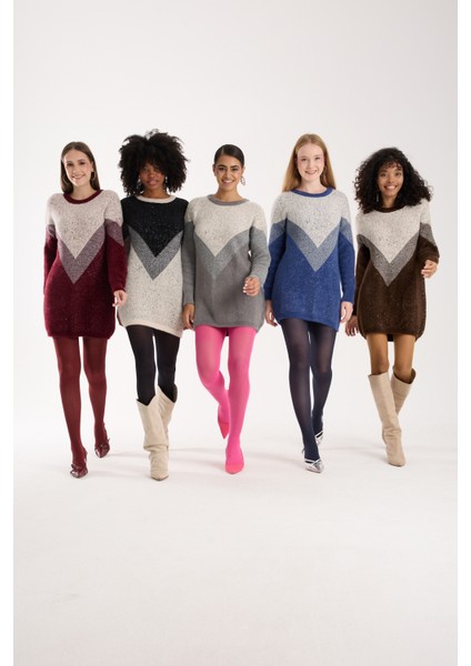 Kadın Indigo Simli Sakal Iplik Renk Bloklu Bisiklet Yaka Triko Kazak