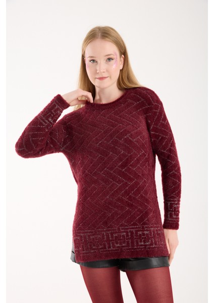 Kadın Bordo Simli Sakal Iplik Yan Yırtmaçlı Bisiklet Yaka Triko Kazak fiyatları