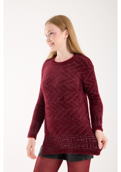 Kadın Bordo Simli Sakal Iplik Yan Yırtmaçlı Bisiklet Yaka Triko Kazak modelleri