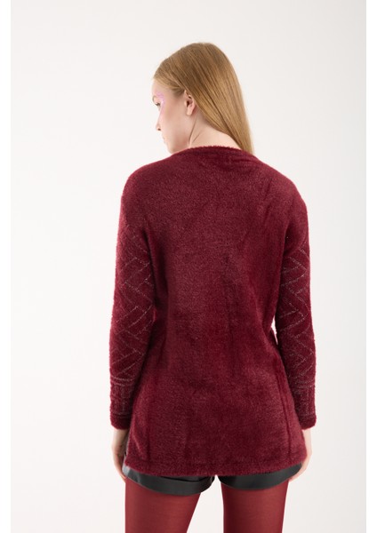 Kadın Bordo Simli Sakal Iplik Yan Yırtmaçlı Bisiklet Yaka Triko Kazak indirimleri