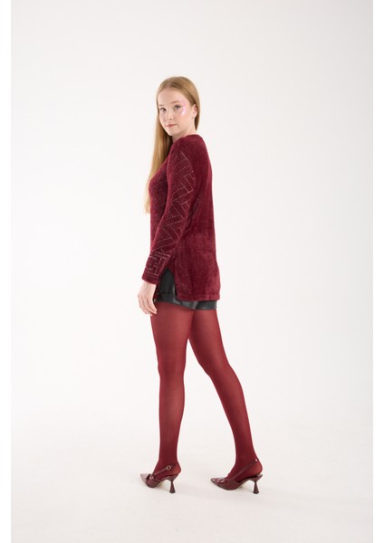 Kadın Bordo Simli Sakal Iplik Yan Yırtmaçlı Bisiklet Yaka Triko Kazak