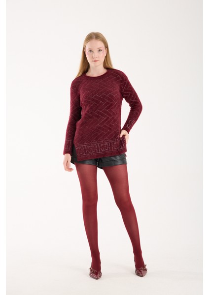 Kadın Bordo Simli Sakal Iplik Yan Yırtmaçlı Bisiklet Yaka Triko Kazak