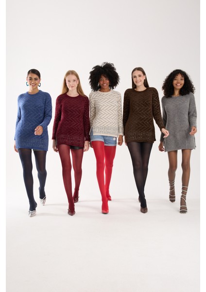 Kadın Bordo Simli Sakal Iplik Yan Yırtmaçlı Bisiklet Yaka Triko Kazak