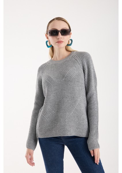 Kadın Gri Selanik Örgü Reglan Kollu Bisiklet Yaka Simli Triko Kazak