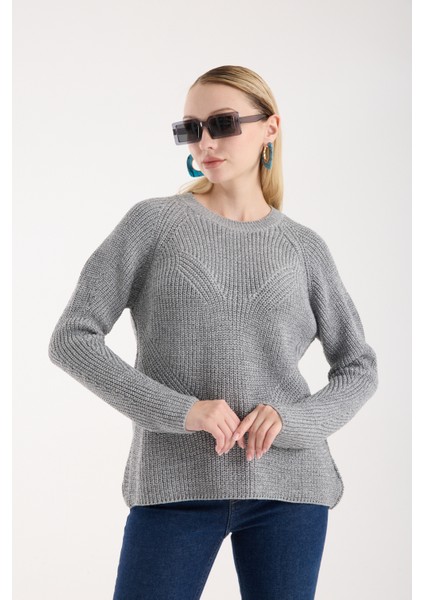 Kadın Gri Selanik Örgü Reglan Kollu Bisiklet Yaka Simli Triko Kazak fiyatları
