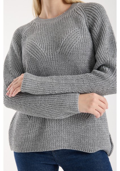 Kadın Gri Selanik Örgü Reglan Kollu Bisiklet Yaka Simli Triko Kazak fırsatları