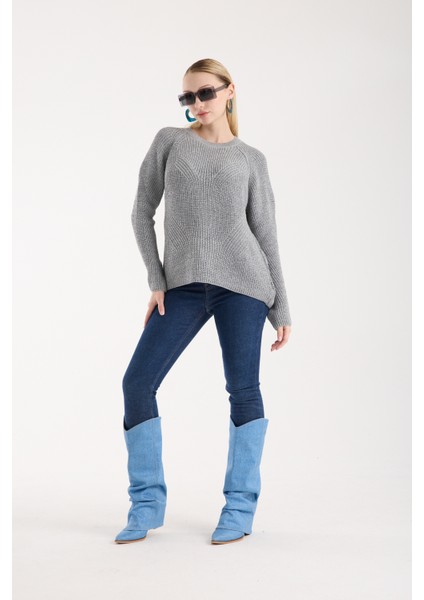 Kadın Gri Selanik Örgü Reglan Kollu Bisiklet Yaka Simli Triko Kazak
