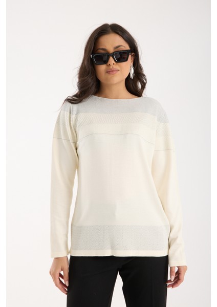 Kadın Ekru Viskon Kumaş Kayık Yaka Simli Triko Bluz fiyatları