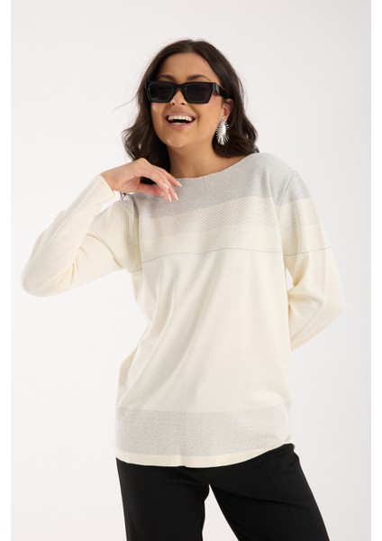 Kadın Ekru Viskon Kumaş Kayık Yaka Simli Triko Bluz fırsatları
