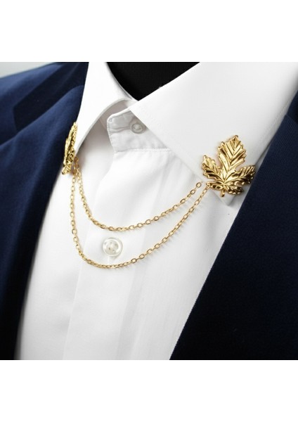 Gold Renk Yaprak Desenli Zincirli Gömlek & Ceket & Damatlık & Yaka Iğnesi