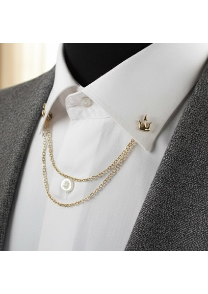 Gold Renk Poseidon Mızrağı Zincirli Gömlek & Ceket & Damatlık & Yaka Iğnesi