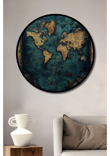 Büyük Dünya Haritası Yağlı Boya Görünümlü Ahşap Dekoratif Tablo Yuvarlak Tablo fiyatları