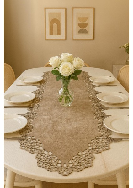 Sütlü Kahverengi Süet Kumaş Runner Sehpa Boyu 40X100 Cm