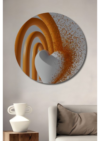 Turuncu Gökkuşağı Kalp Yağlı Boya Görünümlü Ahşap Dekoratif Tablo Yuvarlak Tablo