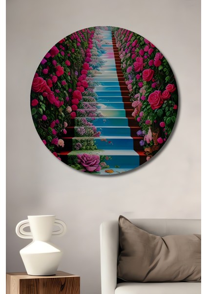 Gül Bahçesi Yağlı Boya Görünümlü Ahşap Dekoratif Tablo Yuvarlak Tablo