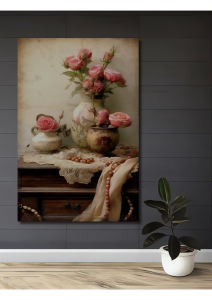 Romantik Gül Demeti Yağlı Boya Görünümlü Dekoratif Ahşap Tablo Dikdörtgen Tablo