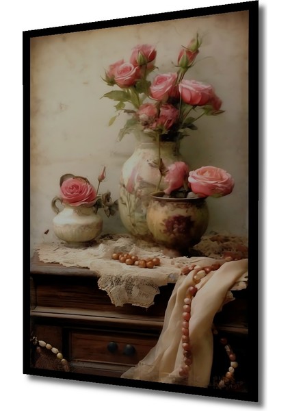 Romantik Gül Demeti Yağlı Boya Görünümlü Dekoratif Ahşap Tablo Dikdörtgen Tablo indirimleri