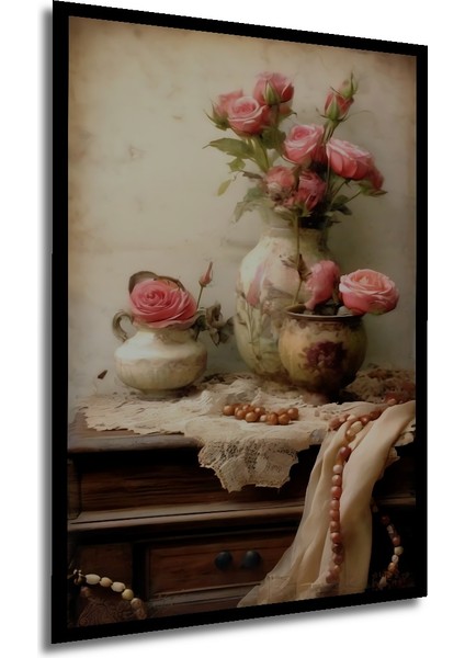 Romantik Gül Demeti Yağlı Boya Görünümlü Dekoratif Ahşap Tablo Dikdörtgen Tablo
