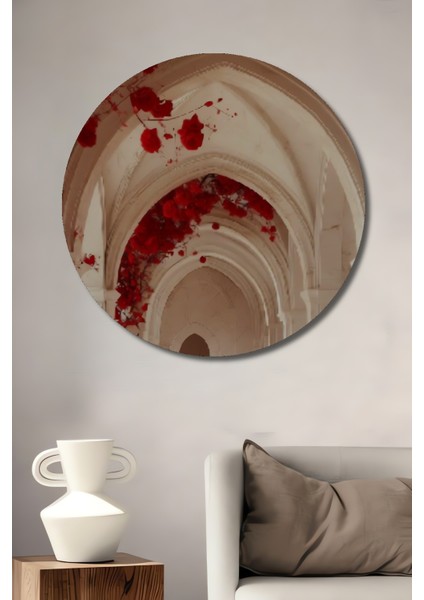 Kırmızı Güllerle Bezenmiş Gotik Koridorda Gelin Tablosu Yuvarlak Tablo