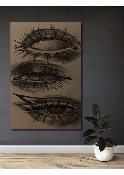 Kara Kalem Görünümlü Göz Detayları Modern Sanat Ahşap Dekoratif Tablo Dikdörtgen Tablo