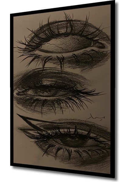 Kara Kalem Görünümlü Göz Detayları Modern Sanat Ahşap Dekoratif Tablo Dikdörtgen Tablo indirimleri