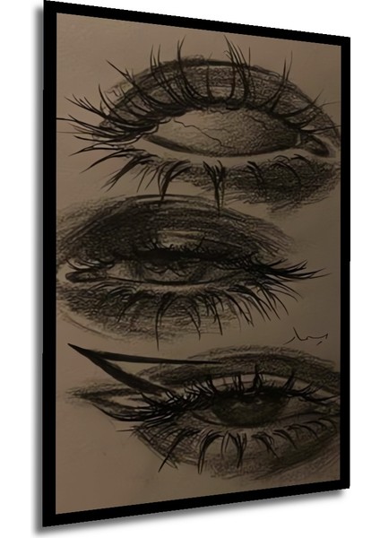 Kara Kalem Görünümlü Göz Detayları Modern Sanat Ahşap Dekoratif Tablo Dikdörtgen Tablo