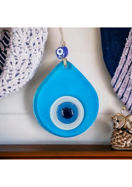 Orta Boy Şeffaf Turkuaz Damla Desen Nazar Boncuklu Duvar Dekoru Cam Duvar Süsü