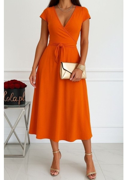 Kadın Kısa Kollu V Yakalı Belden Kuşaklı Maksi Boy Viskon Elbise