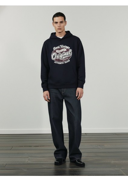Uzun Kollu Kapüşonlu Slogan Baskılı Lacivert Sweatshırt
