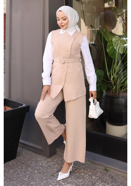 Kemerli Yelek Pantolon Takım Bej 19250