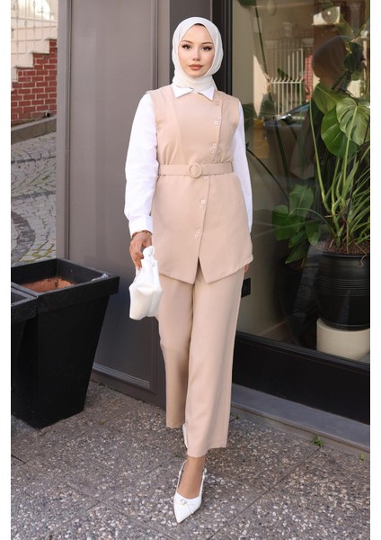 Kemerli Yelek Pantolon Takım Bej 19250 modelleri