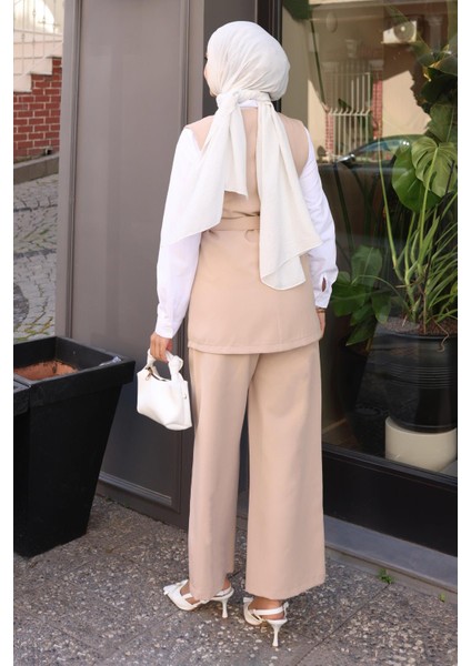 Kemerli Yelek Pantolon Takım Bej 19250 fırsatları