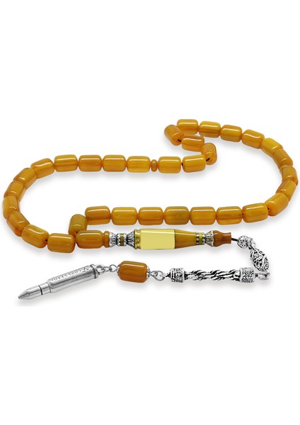 Kararmaz Metal Halat Püsküllü Kurşun Nakkaş Imameli Kapsül Kesim Sarı Sıkma Kehribar Tesbih