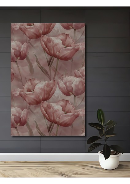 Büyüleyici Pembe Lale Yağlı Boya Görünümlü Sanat Tablosu Dekoratif Ahşap Tablo Dikdörtgen Tablo