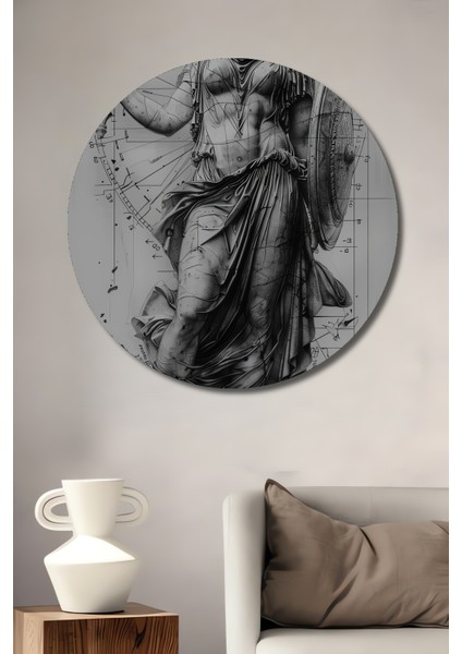Athena Ares Kalkan Kılıç Kara Kalem Görünümlü Modern Sanat Ahşap Dekoratif Tablo Yuvarlak Tablo