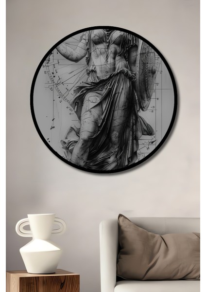 Athena Ares Kalkan Kılıç Kara Kalem Görünümlü Modern Sanat Ahşap Dekoratif Tablo Yuvarlak Tablo fiyatları