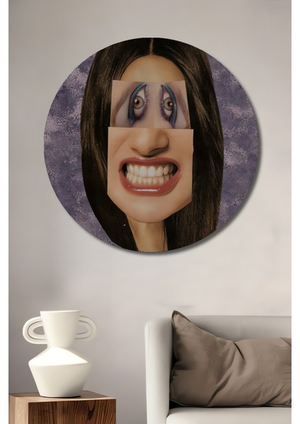 Çığlık Atan Kadın Yağlı Boya Görünümlü Ahşap Dekoratif Tablo Yuvarlak Tablo