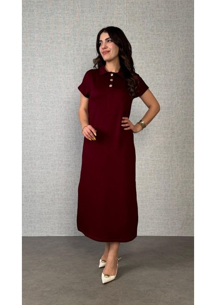 Kadın Kısa Kollu Yakalı Yandan Yırtmaçlı Viskon Iki Iplik Elbise