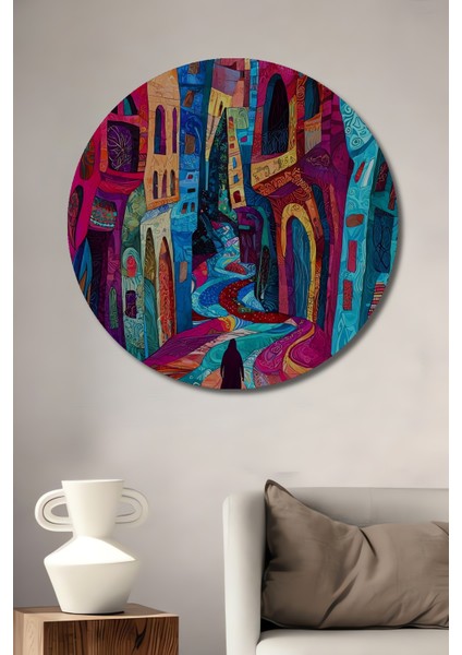 El Yapımı Sulu Boya Görünümlü Etnik Şehir Manzarası Ahşap Dekoratif Tablo Yuvarlak Tablo