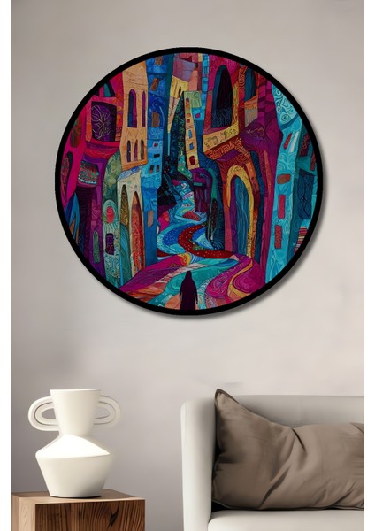 El Yapımı Sulu Boya Görünümlü Etnik Şehir Manzarası Ahşap Dekoratif Tablo Yuvarlak Tablo fiyatları
