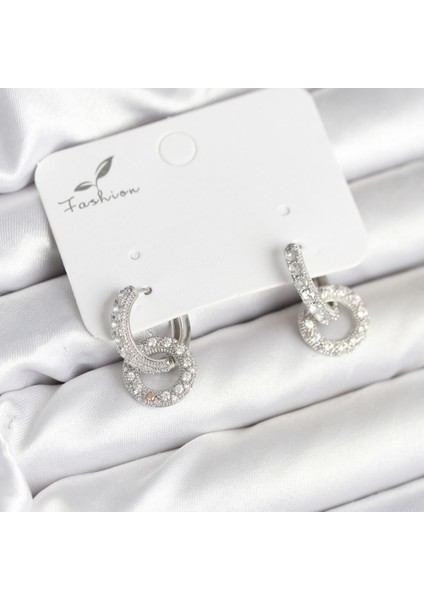 Gümüş Renk Pirinç Zirkon Taşlı Halka Model Kadın Küpe - TJ-BKP11279