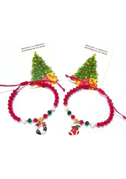 İki Adet Yılbaşı Kartlı Noel Süslü Kristal Boncuklu Yeni Yıl Bileklik