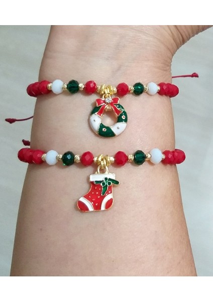 İki Adet Yılbaşı Kartlı Noel Süslü Kristal Boncuklu Yeni Yıl Bileklik fiyatları