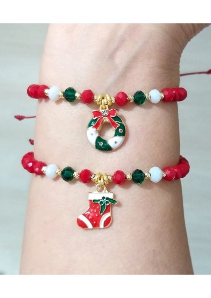 İki Adet Yılbaşı Kartlı Noel Süslü Kristal Boncuklu Yeni Yıl Bileklik modelleri